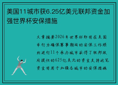 美国11城市获6.25亿美元联邦资金加强世界杯安保措施